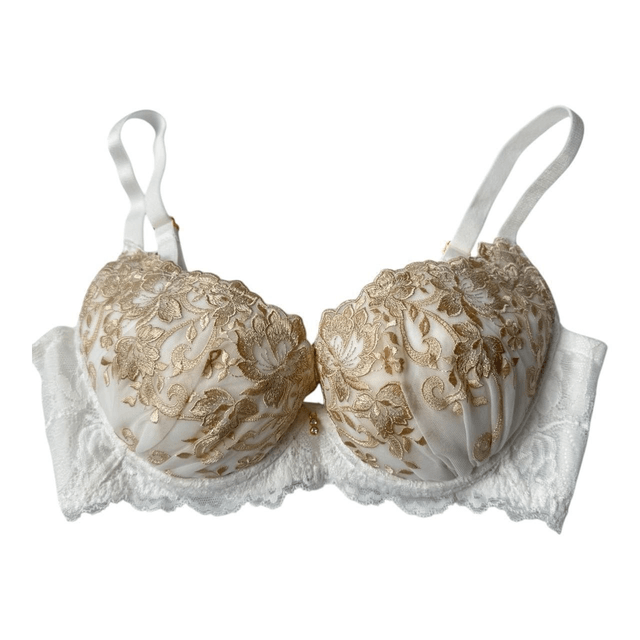 White + Gold Embroidered Japanese Bra UK 34B