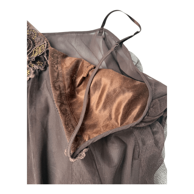 Japanese brand coquette brown embroidered and detailed tulle cami / slip dress 