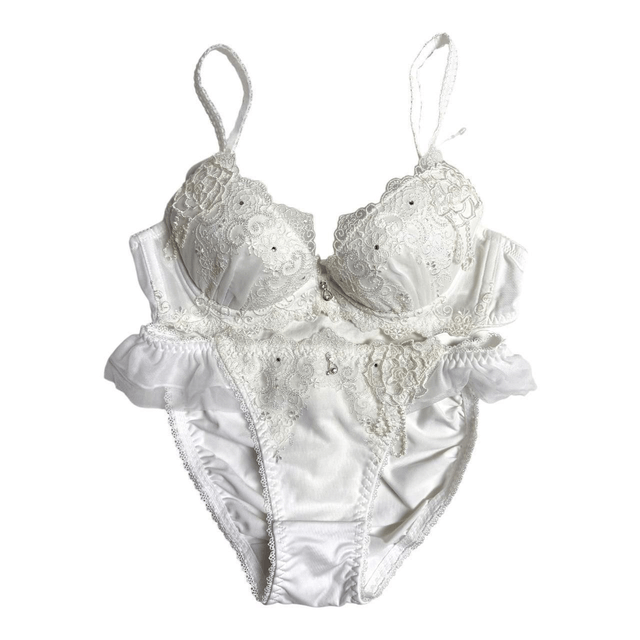 White Floral Embroidered Japanese Bra + Underwear Set UK 32A