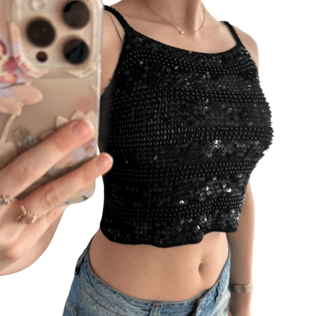 y2k black crochet/knit sequin beaded crop top cami 