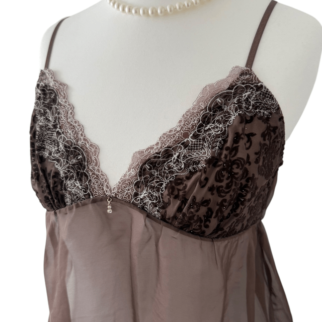 coquette brown velvet embroidered cups cami