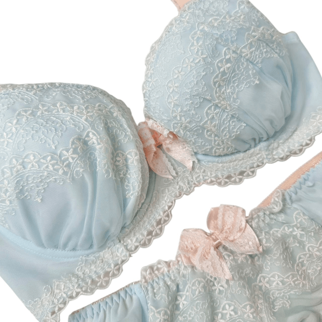 Light blue Floral Japanese Bra + Underwear Set UK 32DD  