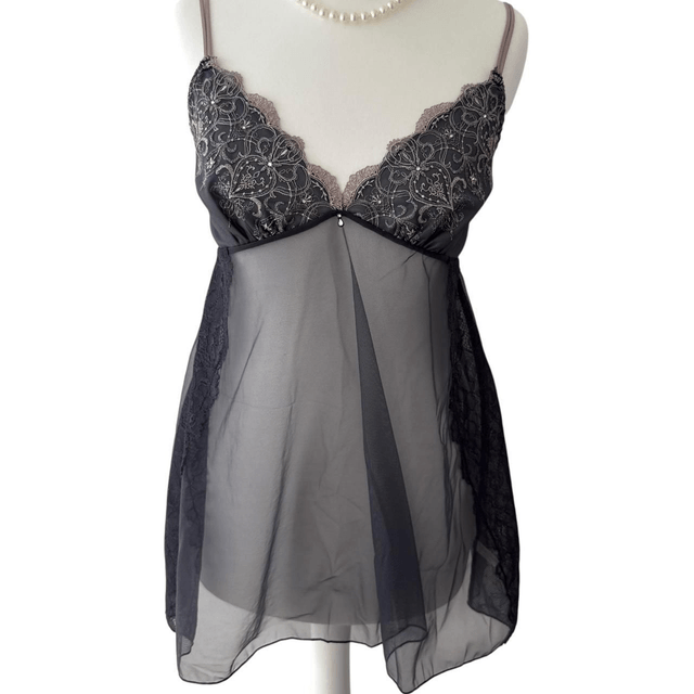 Japanese brand navy embroidered cups cami with mocha/mauve embroidered details and straps 