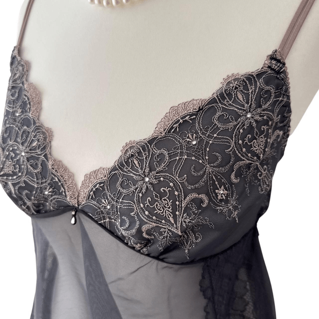 Japanese brand navy embroidered cups cami with mocha/mauve embroidered details and straps 