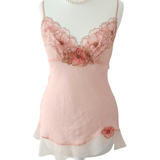 Japanese brand coquette pink silk floral embroidered cami 