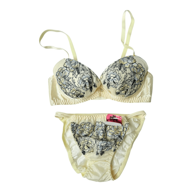 cream satin and navy floral Japanese Bra + Underwear Set UK 30B   