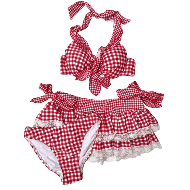 coquette red gingham japanese 3 piece bikini set