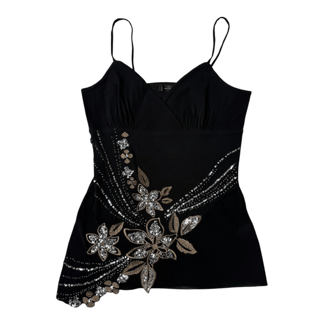 y2k Black and gold embellished cami top with sequins and beads