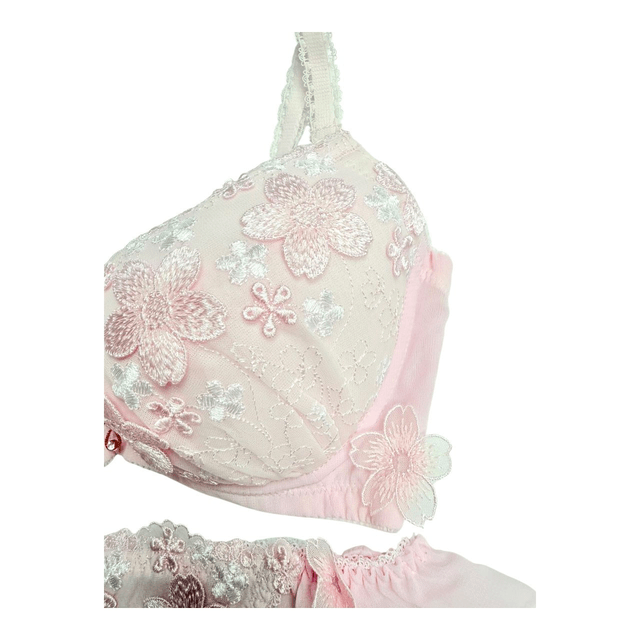 Pink floral appliqué Japanese Bra + Underwear Set UK 32C  