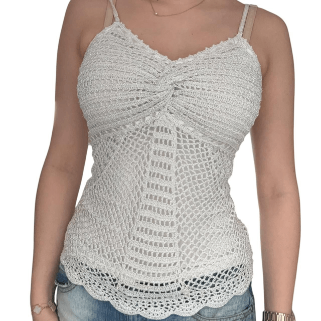y2k white crochet and lined cami with beading 