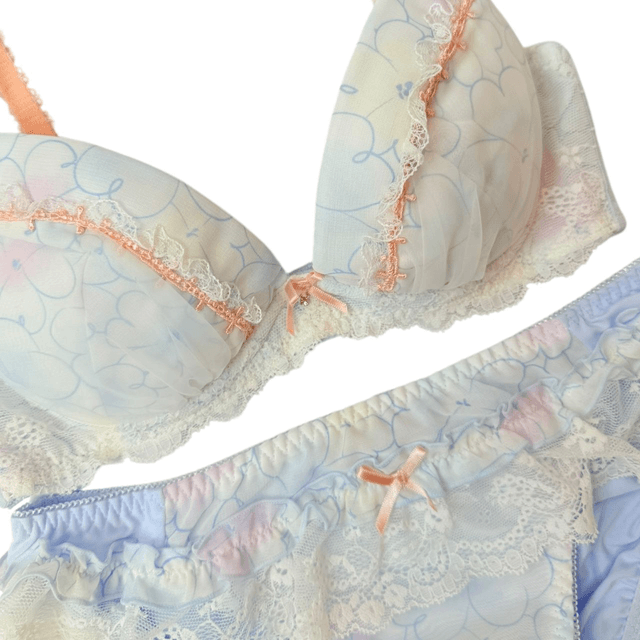 Light blue cloud design Japanese Bra + Underwear Set UK 32B 