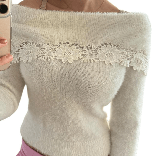 Japanese Brand Coquette White Fluffy Over-The-Shoulder Top 