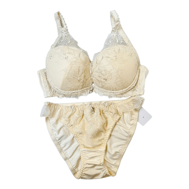 Cream Floral Embroidered Japanese Bra + Underwear Set UK 34C  