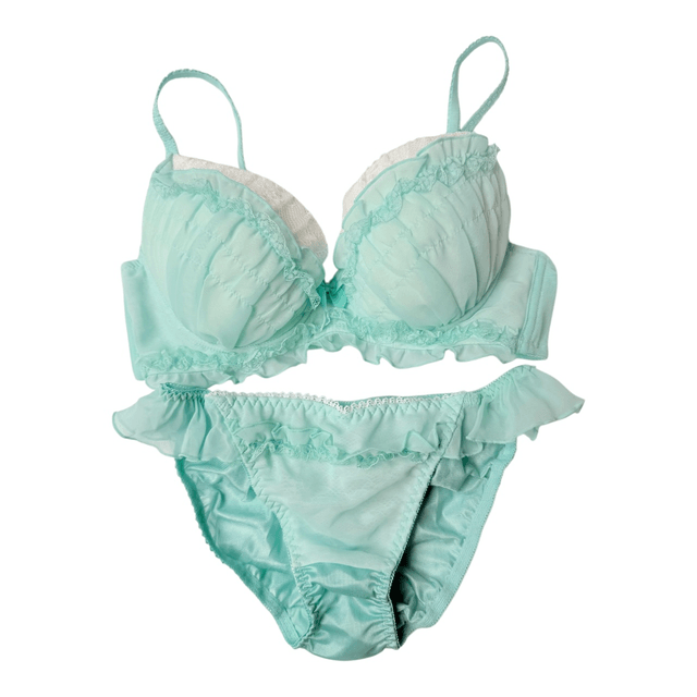 Mint green tulle Embroidered Japanese Bra + Underwear Set UK 34C  
