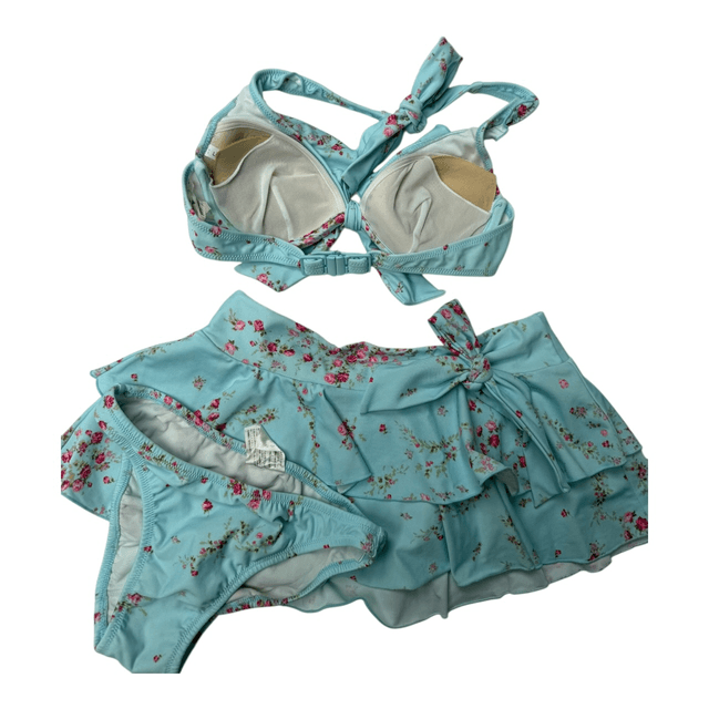 coquette blue and pink floral polka dot japanese 3 piece bikini set 