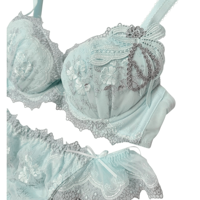 Blue bow appliqué Japanese Bra + Underwear Set UK 32C  