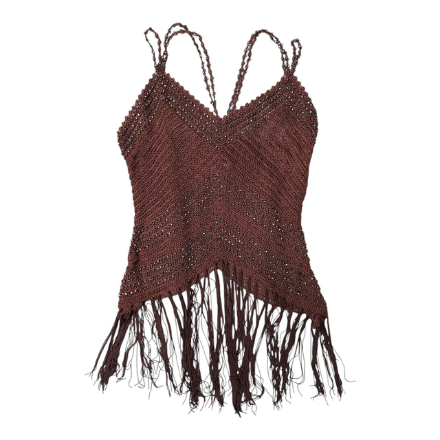 BNWT y2k INSANE brown knitted cami with ribbon fringe detail 