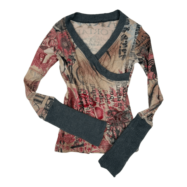 Y2K V-neck mesh and knitted long-sleeve top S/M