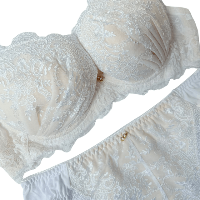 Cream + White Floral Embroidered Japanese Bra + Underwear Set UK 34C   