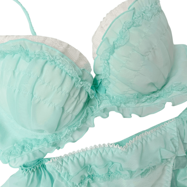 Mint green tulle Embroidered Japanese Bra + Underwear Set UK 34C  