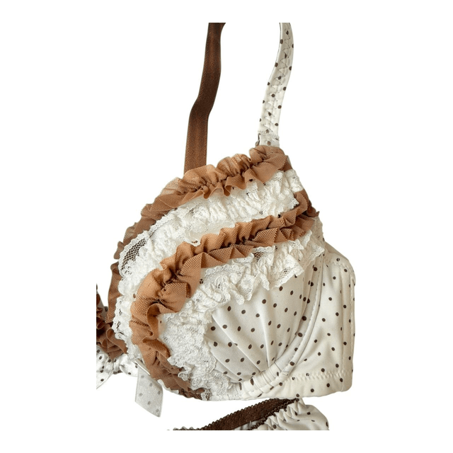 brown and white polka dot bra and underwear set UK 32C