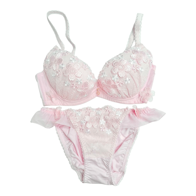 Pink floral appliqué Japanese Bra + Underwear Set UK 32C  