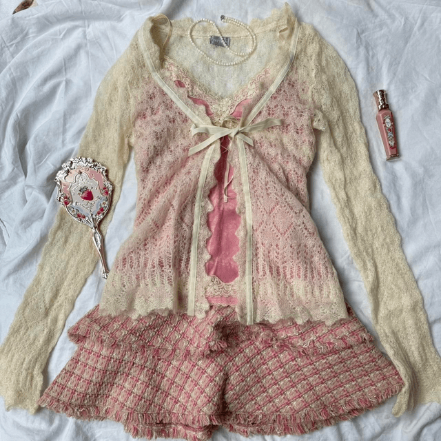Coquette Japanese Brand Pink And Cream Tweed Frill Mini Skirt XS/S
