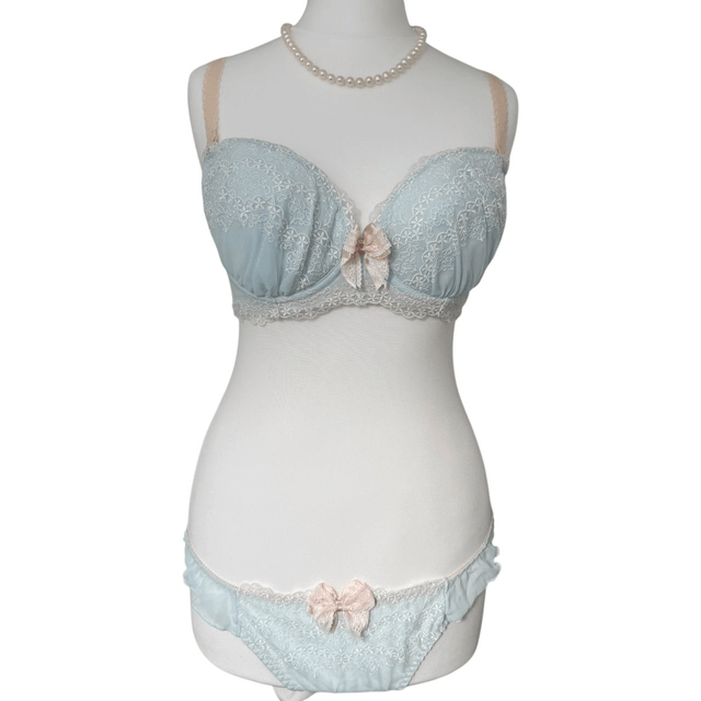 Light blue Floral Japanese Bra + Underwear Set UK 32DD  