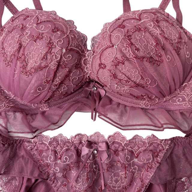 Pink princess Floral Embroidered Japanese Bra + Underwear Set UK 34C   
