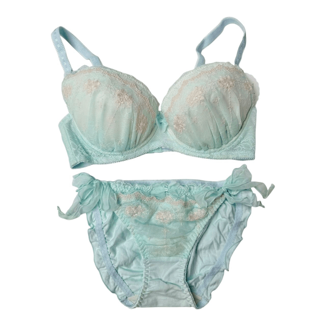 Mint green /  blue Floral Japanese Bra + Underwear Set UK 32DD   (1)