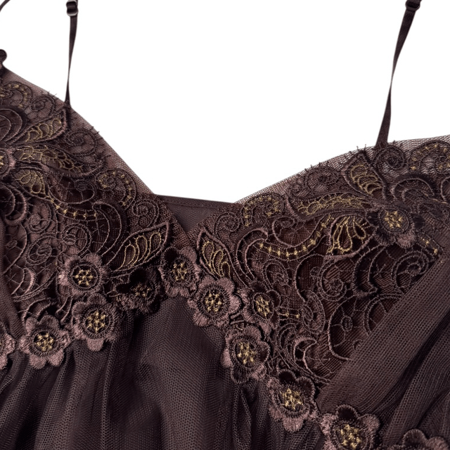 Japanese brand coquette brown embroidered and detailed tulle cami / slip dress 