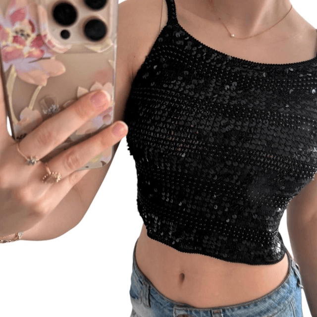 y2k black crochet/knit sequin beaded crop top cami 