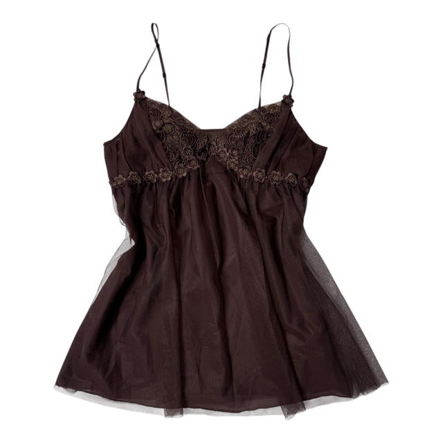 Japanese brand coquette brown embroidered and detailed tulle cami / slip dress 