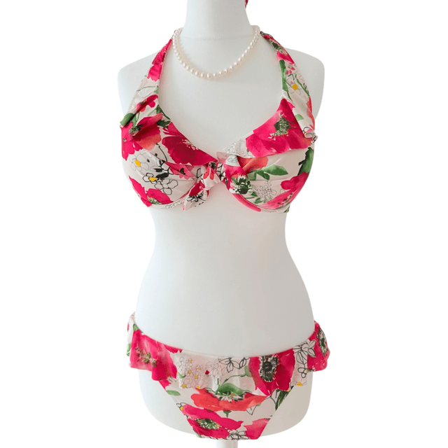 coquette red/pink floral ruffle  japanese 3 piece bikini set 