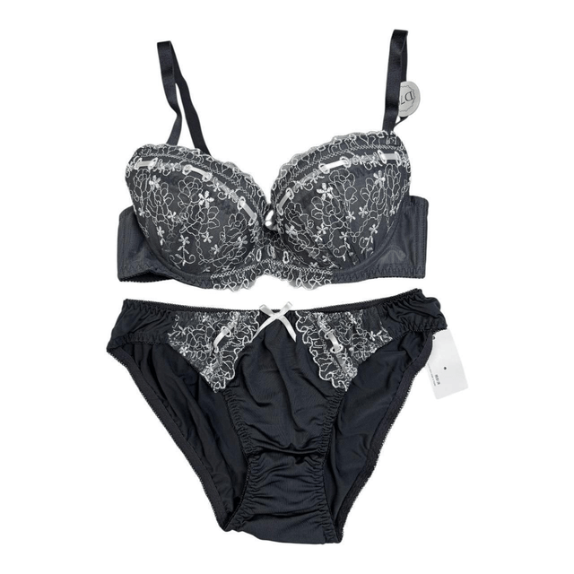 Dark grey/ charcoal Embroidered Japanese Bra and Underwear set UK 32D 