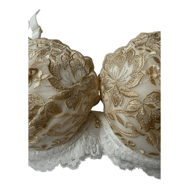 White + Gold Embroidered Japanese Bra UK 34B
