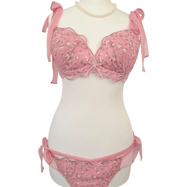 Pink Floral Embroidered Japanese Bra + Underwear Set UK 34C 
