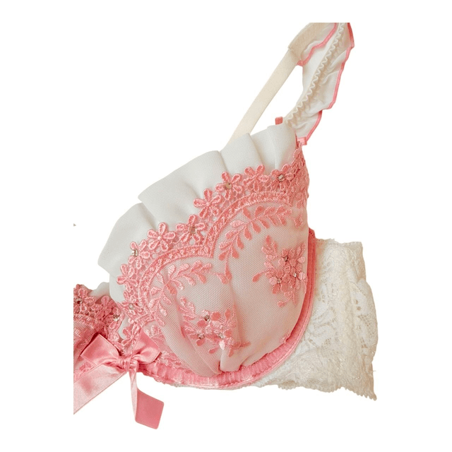 White and pink floral embroidered Japanese Bra + Underwear Set UK 32B  