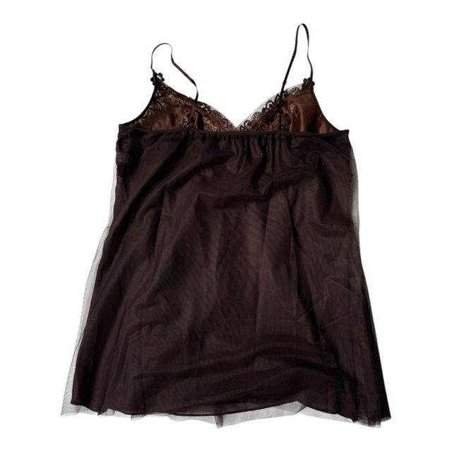 Japanese brand coquette brown embroidered and detailed tulle cami / slip dress 