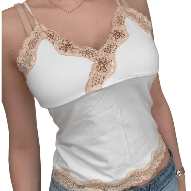 y2k abercrombie and fitch white and tan beaded cami 