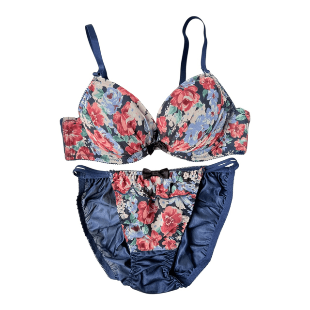 Navy Blue floral Japanese Bra + Underwear Set UK 32A       