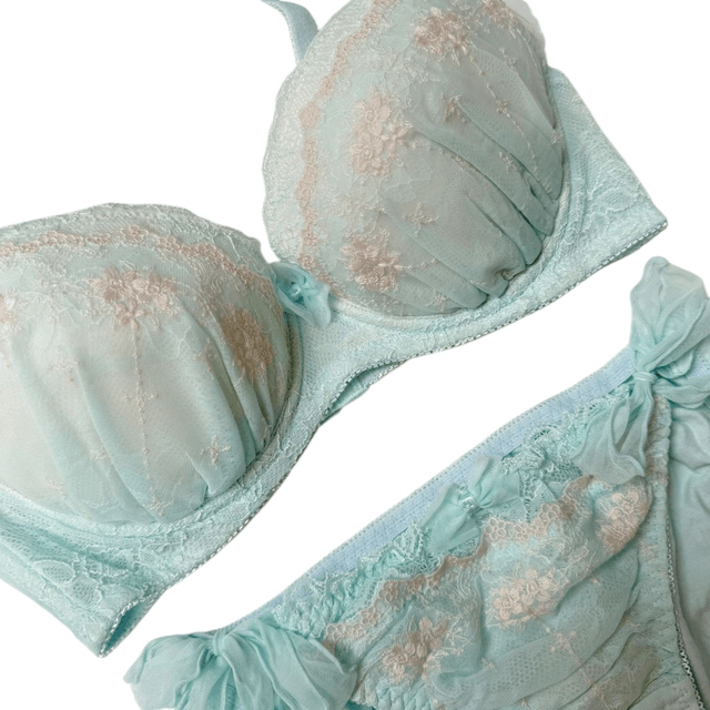 Mint green /  blue Floral Japanese Bra + Underwear Set UK 32DD   (1)