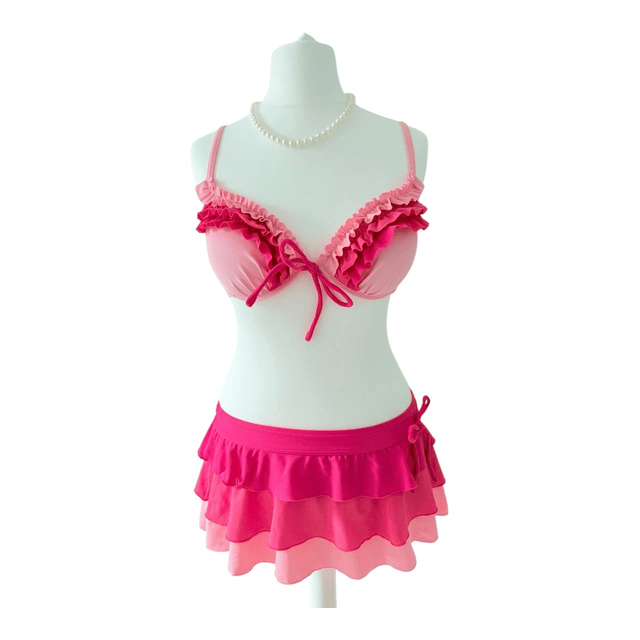 Pink ruffle japanese 3 piece bikini set 