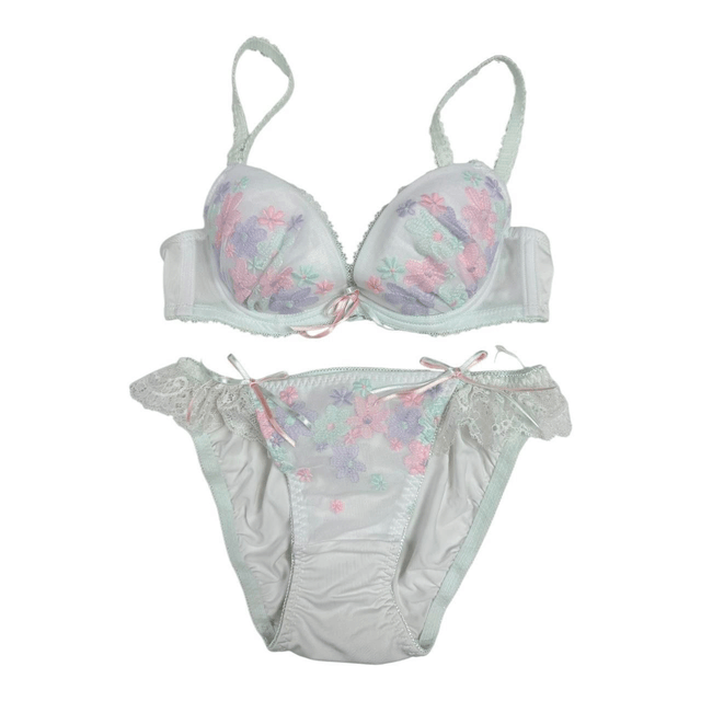 Mint Green Floral Embroidered Japanese Bra + Underwear Set UK 30A 