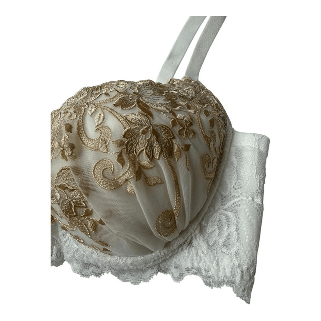 White + Gold Embroidered Japanese Bra UK 34B