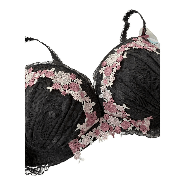 Black and Pink Floral Embroidered Japanese Bra UK 32DD 