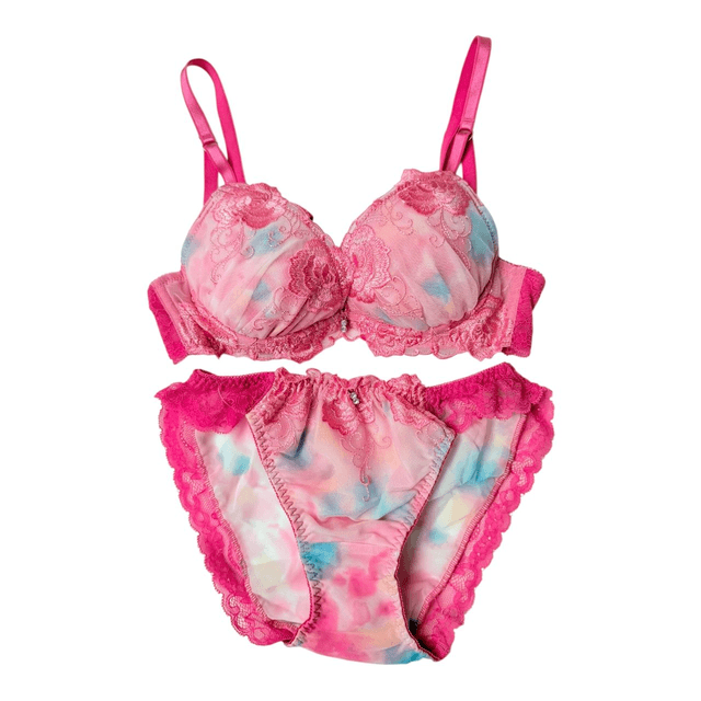 Pink rose floral embroidered Japanese Bra + Underwear Set UK 32A    