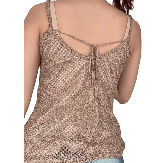 y2k brown crochet and cotton lined cami with beading and stones 