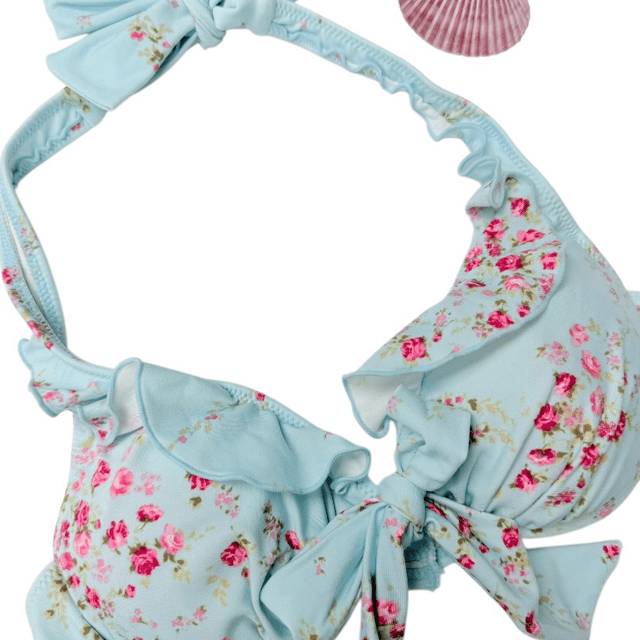 coquette blue and pink floral polka dot japanese 3 piece bikini set 