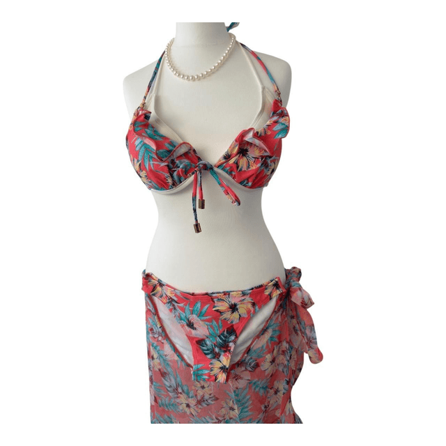 BNWT pink multicolour floral japanese 3 piece bikini set 